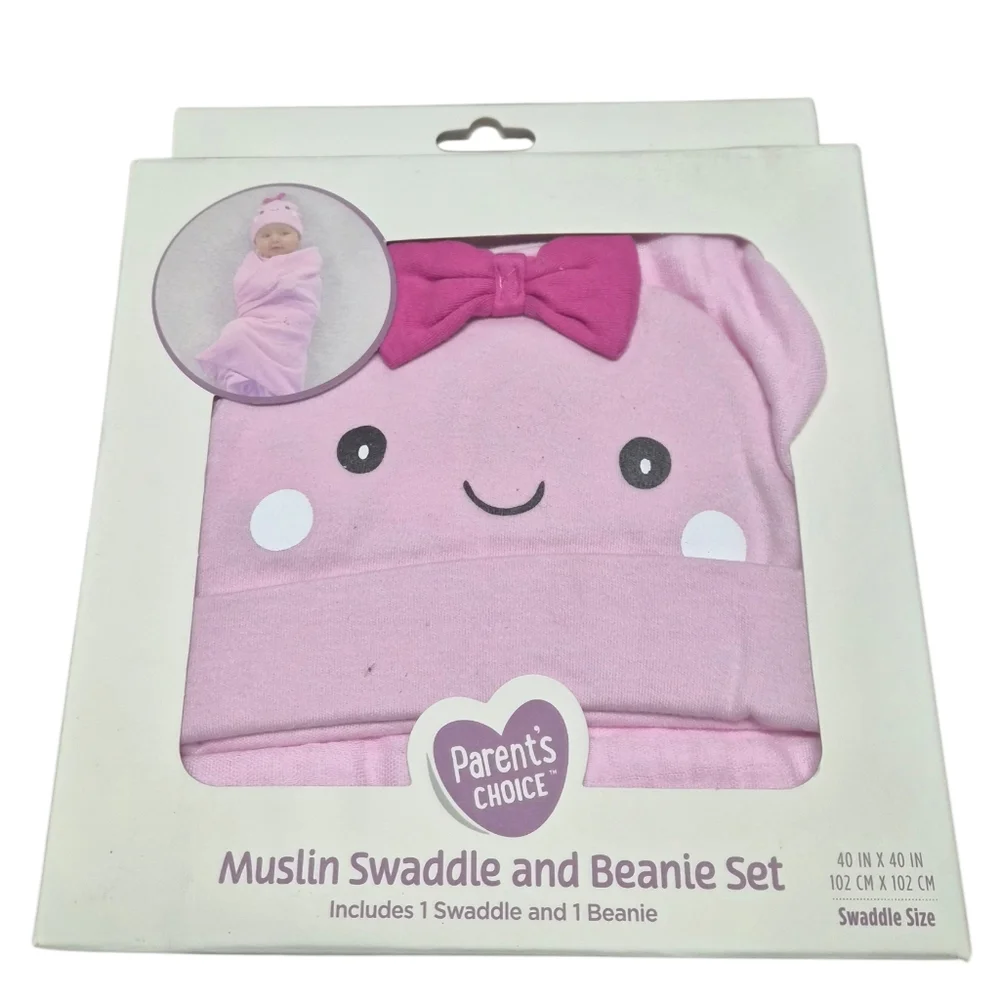 Muslin Swaddle & Beanie Set -Pink- Parents Choice -100 Cotton -40inx40in-